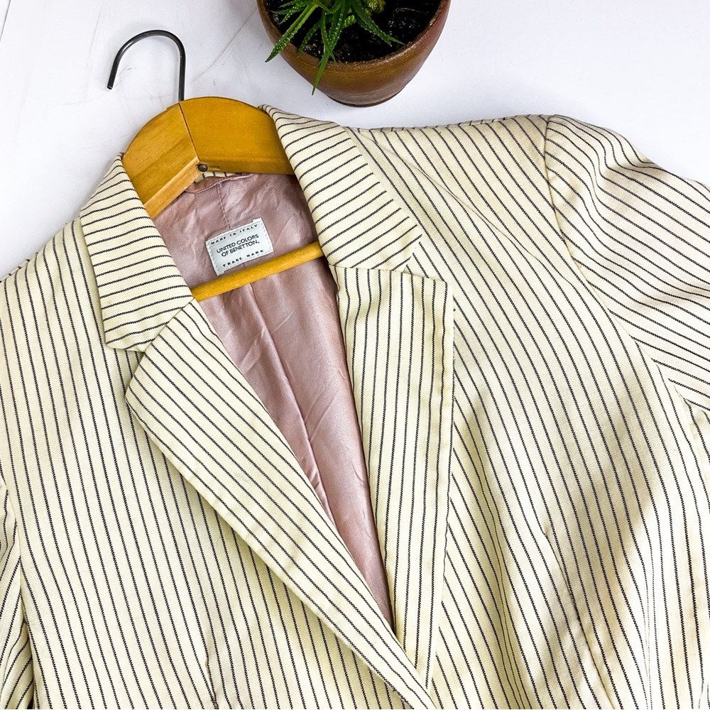 United Colors of Benetton Wool Blazer 42 Cream Stripe 90s - Picture 9 of 12